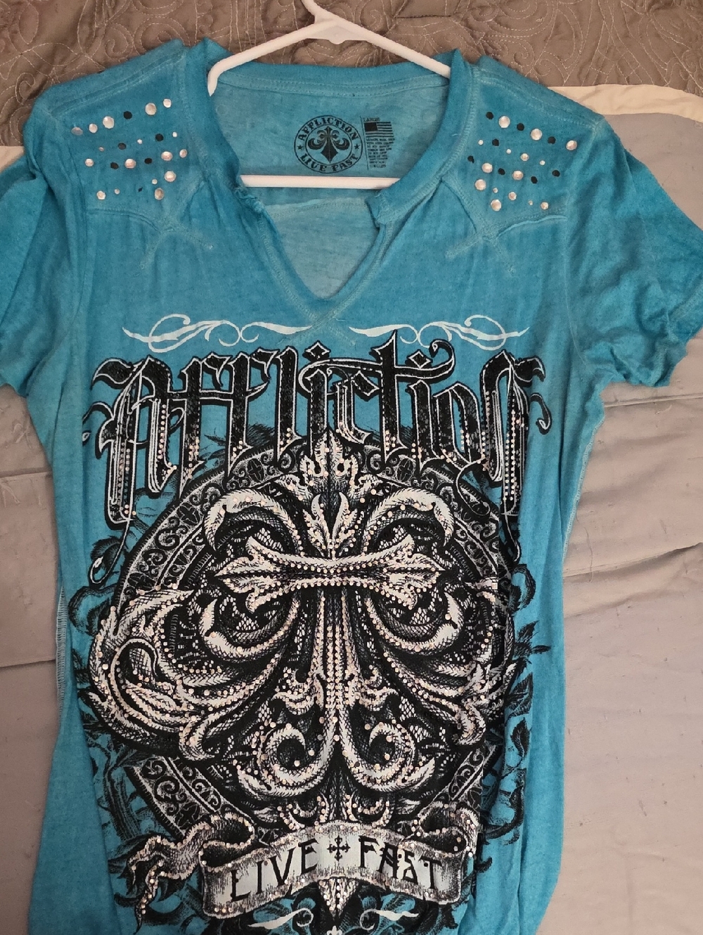 Affliction Turquoise Short-Sleeve V-Neck Studded Graphic Tee